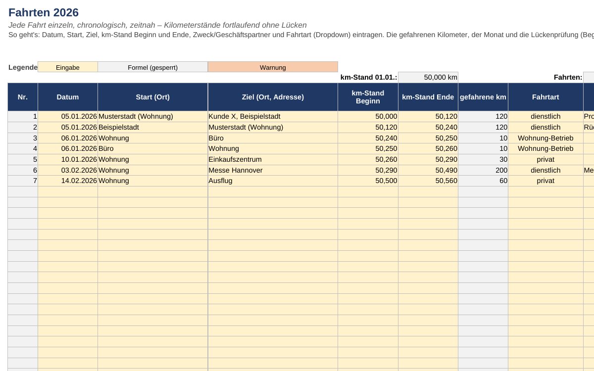 Fahrtenbuch 2026 in Excel mit Kilometerständen und Monatssummen