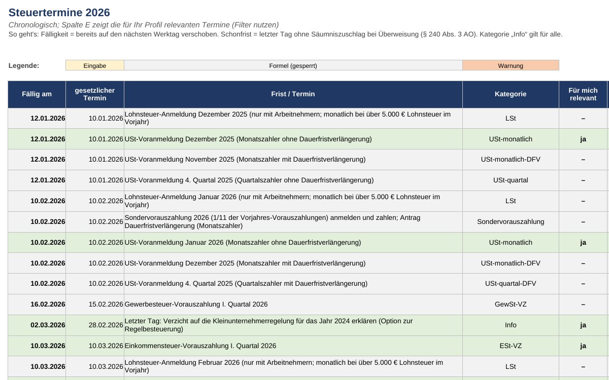 Steuerfristen-Kalender 2026/2027 mit UStVA-Terminen