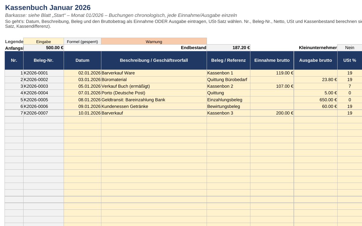 Kassenbuch 2026 in Excel: Buchungen mit Belegnummer, Netto, Umsatzsteuer und laufendem Kassenbestand